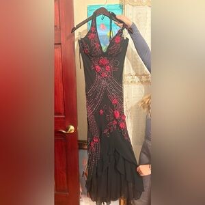 Sue Wong Black and Red Embroidered Maxi Dress